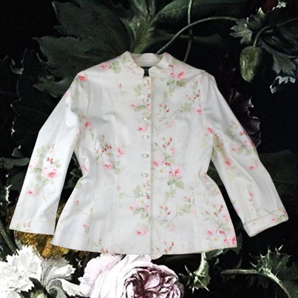 Ralph Lauren Floral Jacket Cabbage Rose Striped High Neck Multi-button - Picture 2 of 12